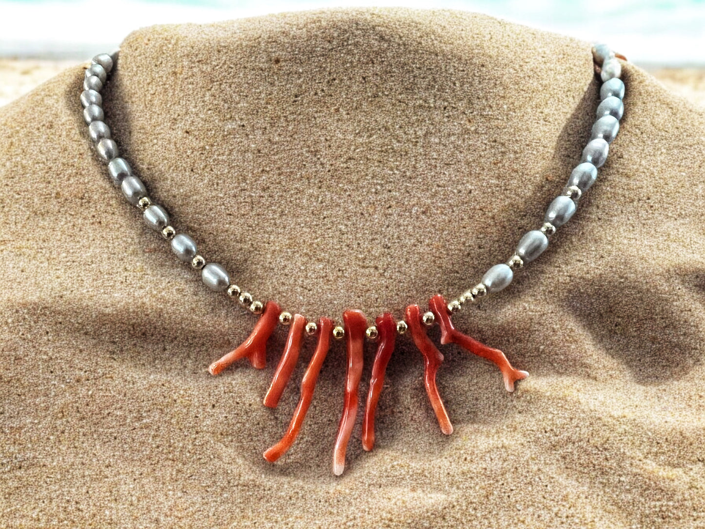 Freshwater Pearl & Coral Choker Necklace