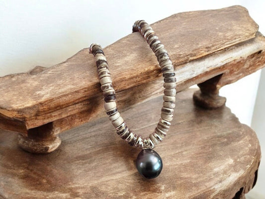Tahitian Pearl Coconut Wood Pendant Necklace