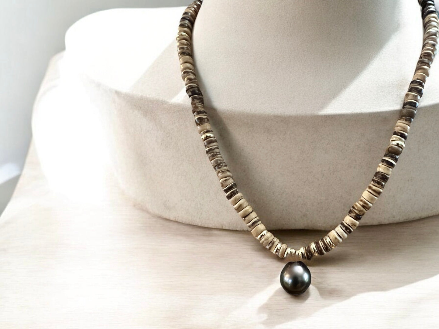 Tahitian Pearl Coconut Wood Pendant Necklace