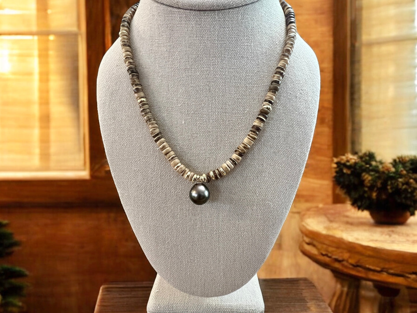 Tahitian Pearl Coconut Wood Pendant Necklace