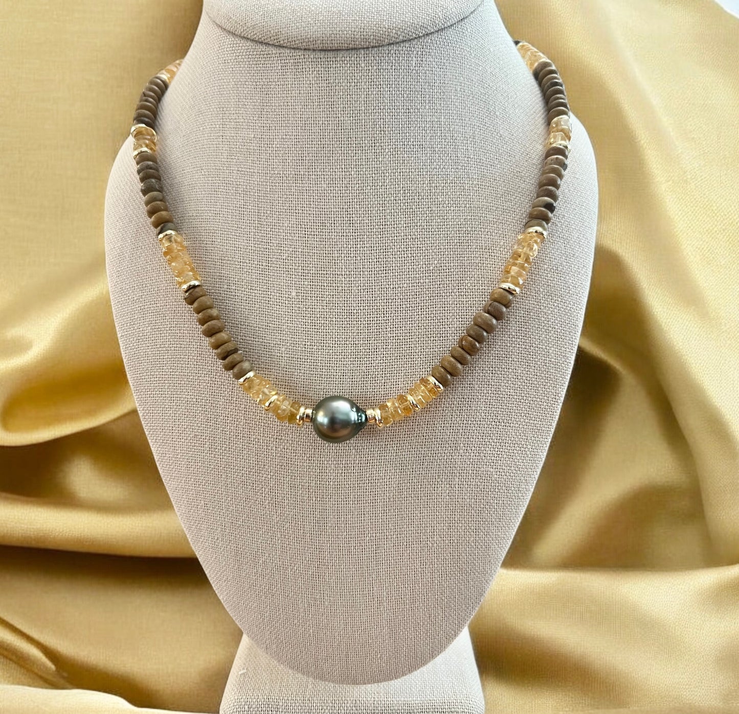Tahitian Pearl Citrine & Picture Jasper Necklace