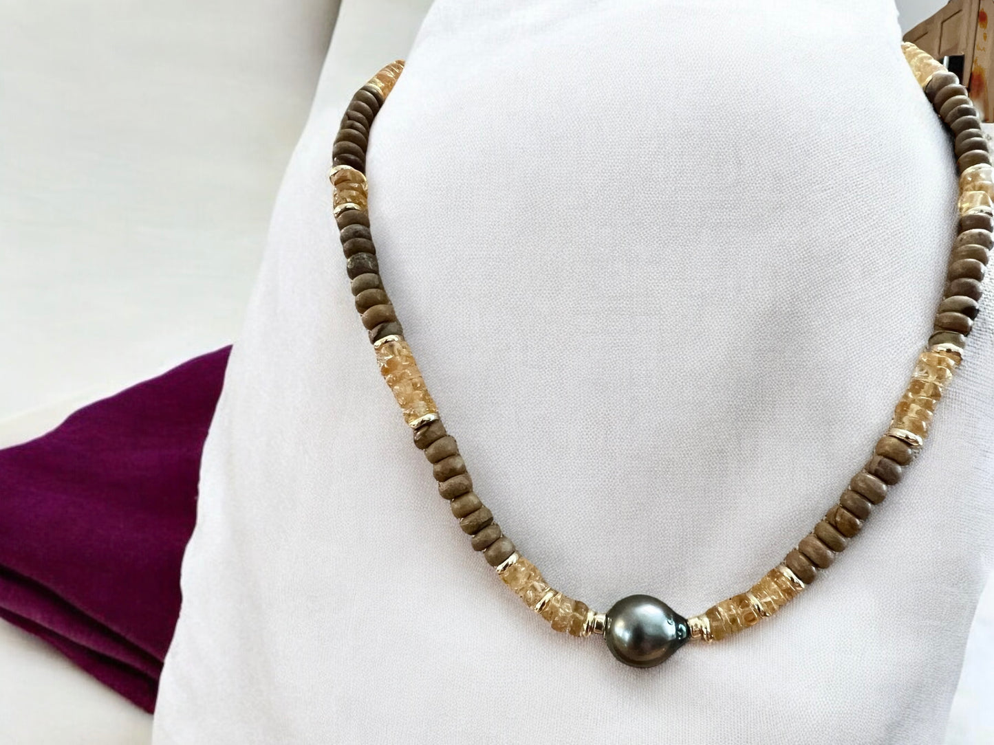 Tahitian Pearl Citrine & Picture Jasper Necklace
