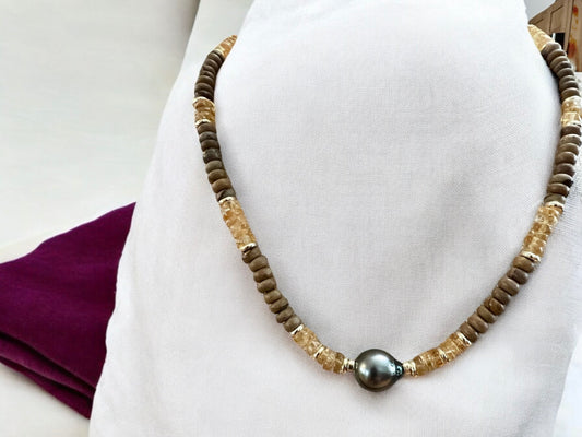 Tahitian Pearl Citrine & Picture Jasper Necklace