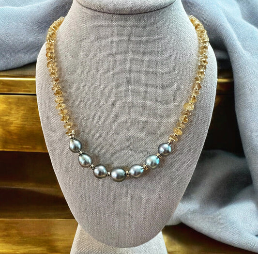 Silver Tahitian Pearl Citrine Necklace