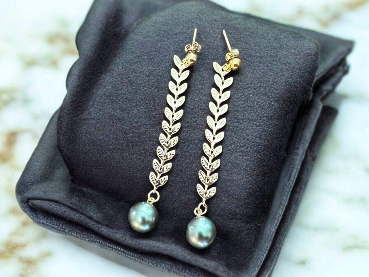 Tahitian Pearl Gold Leaf Earrings