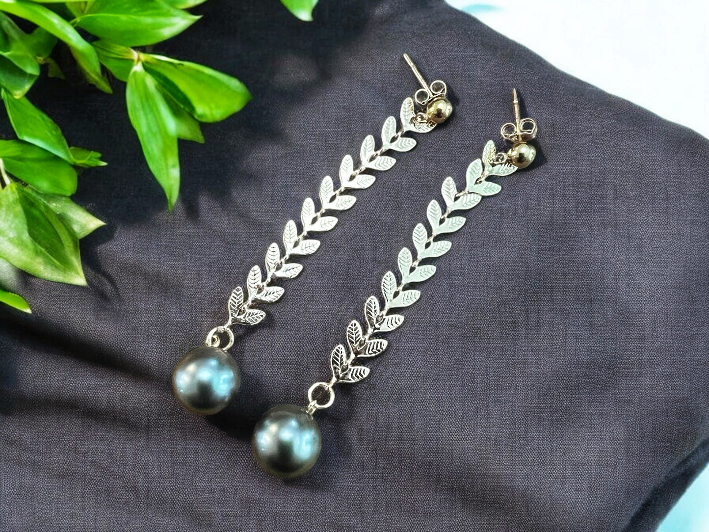 Tahitian Pearl Gold Leaf Earrings