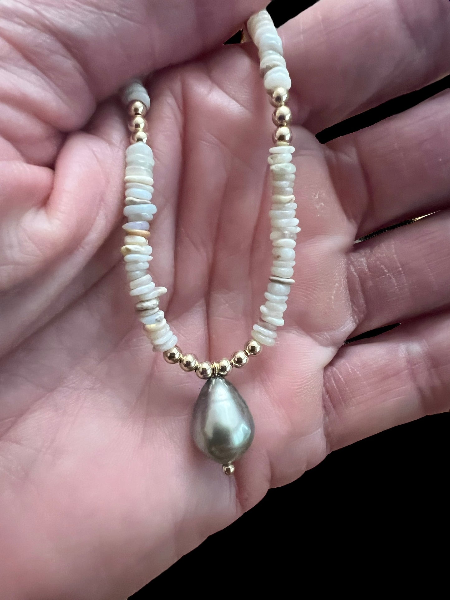Australian Opal Mala Necklace - Tahitian Pearl
