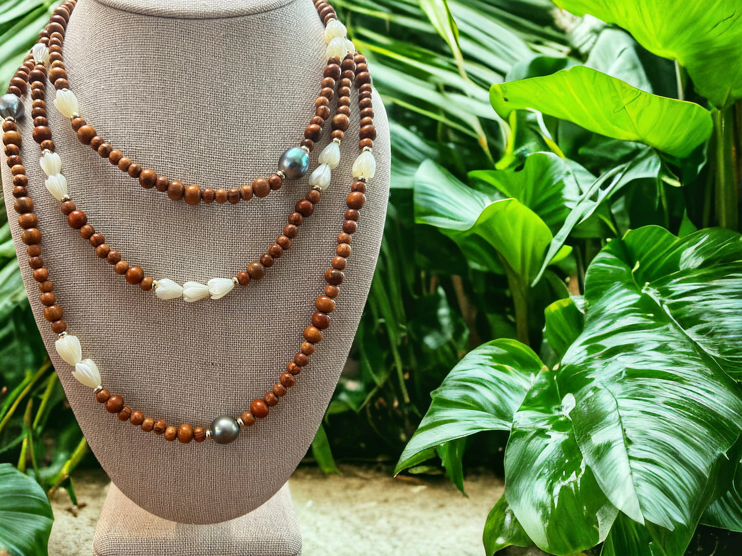 Mixed Wood Pikake & Tahitian Necklace