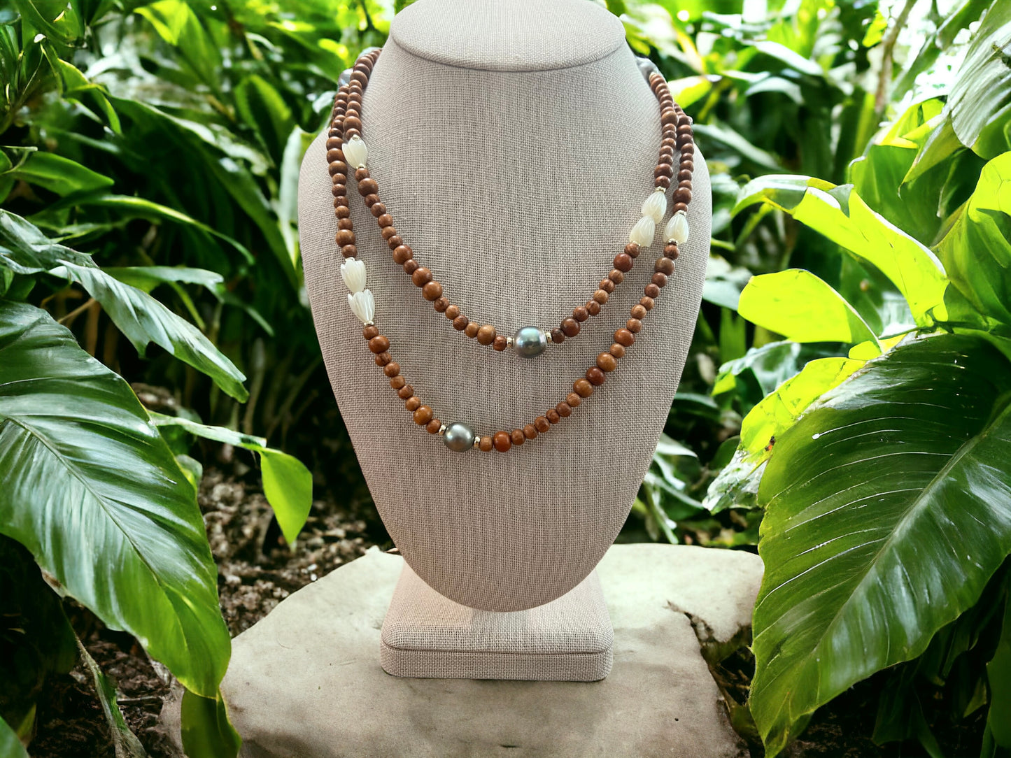 Mixed Wood Pikake & Tahitian Necklace