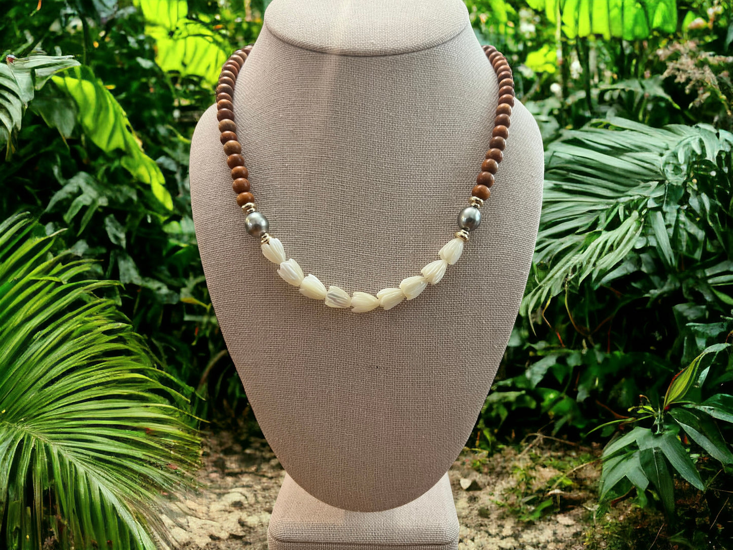 Sibucao Wood Pikake & Tahitian Necklace