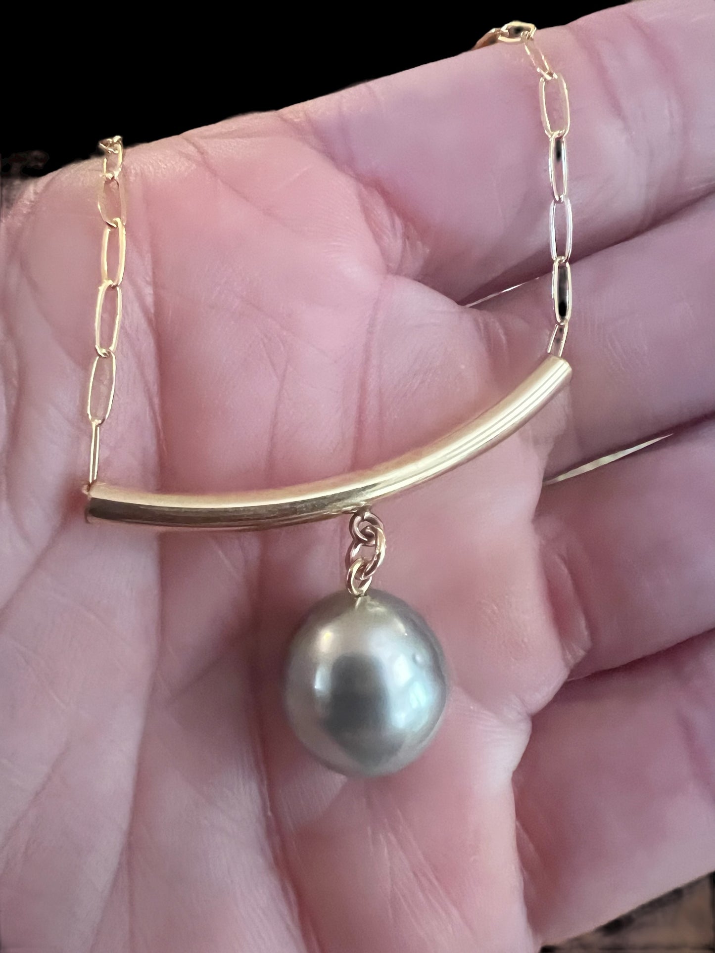 Bombucha Tahitian Pearl Paperclip Bar Necklace