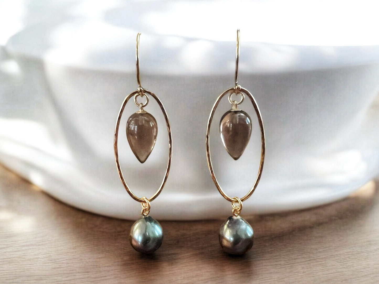 Tahitian & Smoky Quartz Oval Earrings