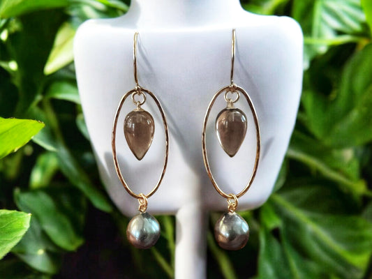 Tahitian & Smoky Quartz Oval Earrings
