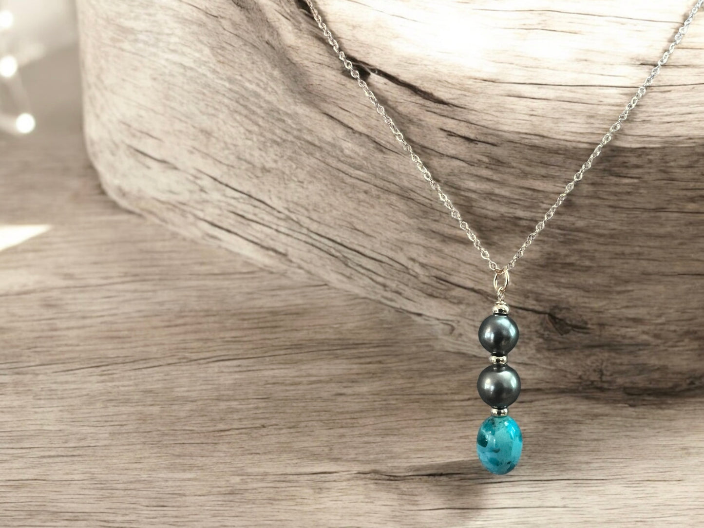 Kingman Turquoise & Tahitian Pendant Necklace