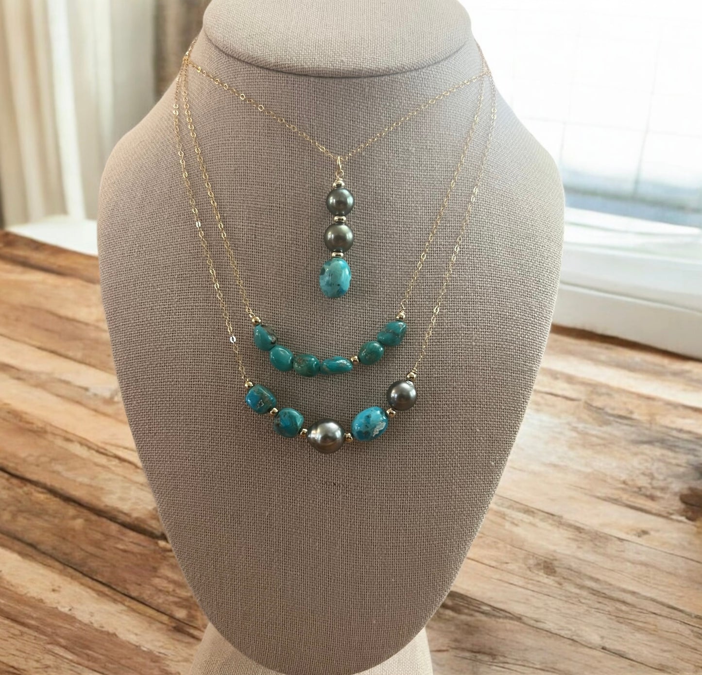 Kingman Turquoise & Tahitian Chain Necklace