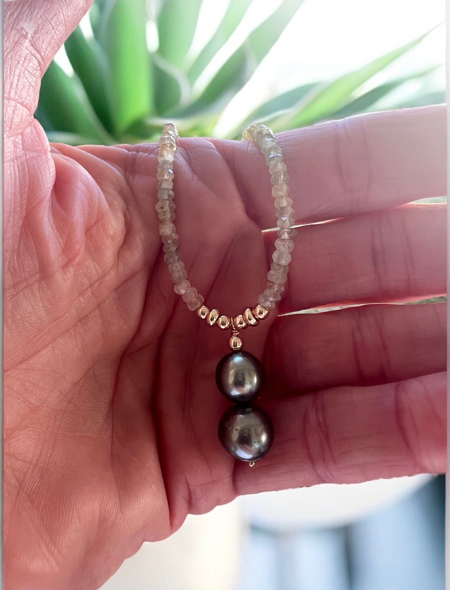 Aquamarine & Blue Tahitian Pendant Necklace