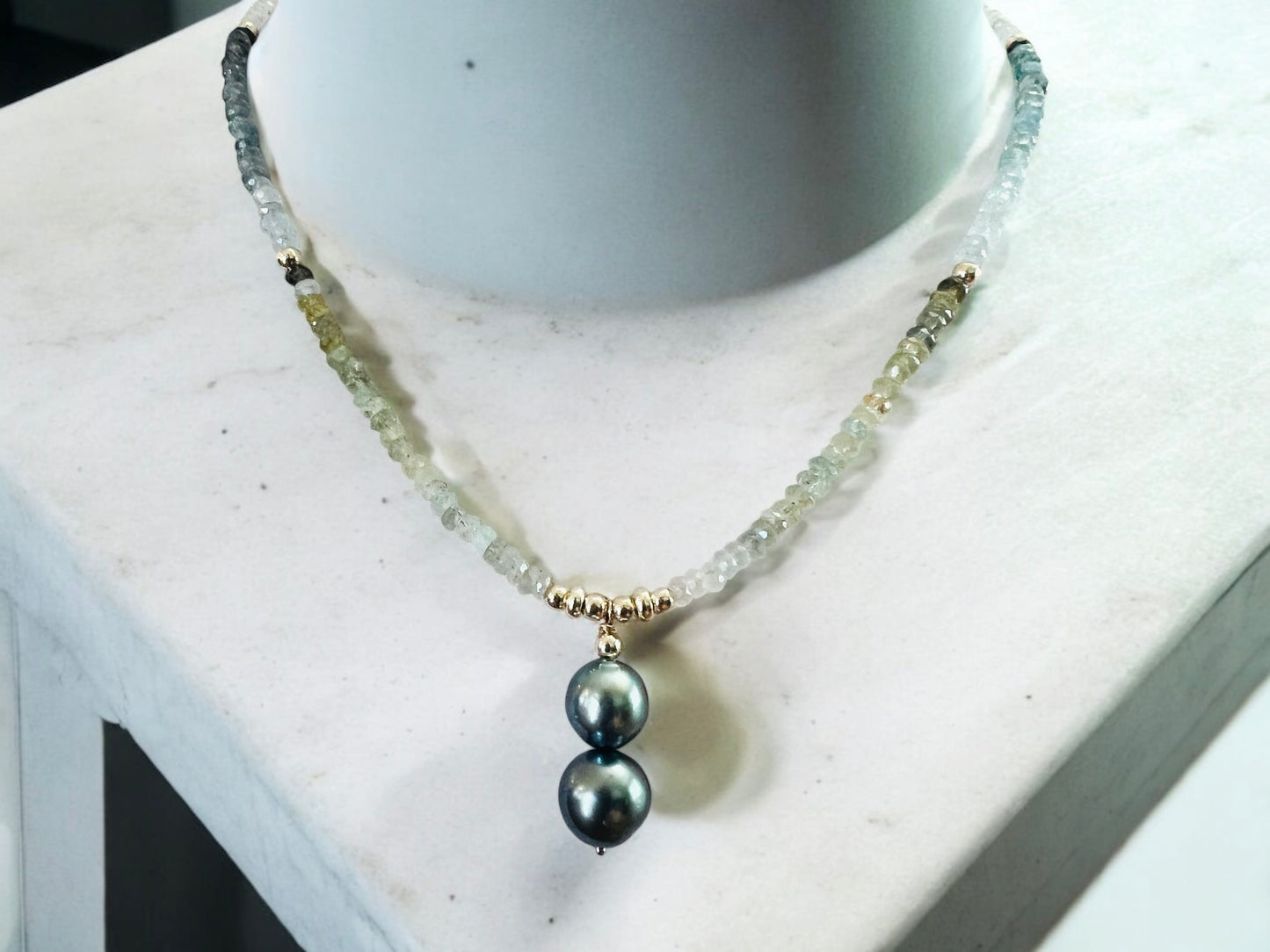 Aquamarine & Blue Tahitian Pendant Necklace