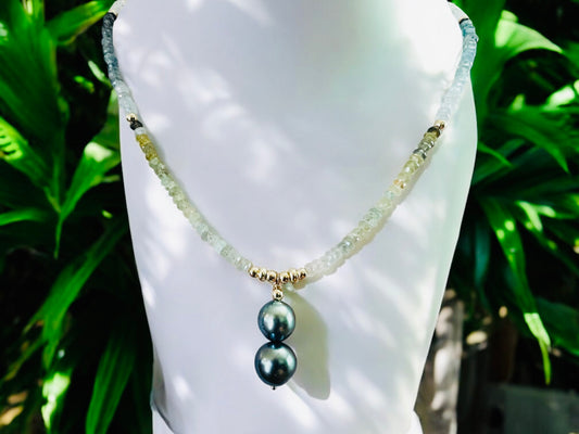 Aquamarine & Blue Tahitian Pendant Necklace