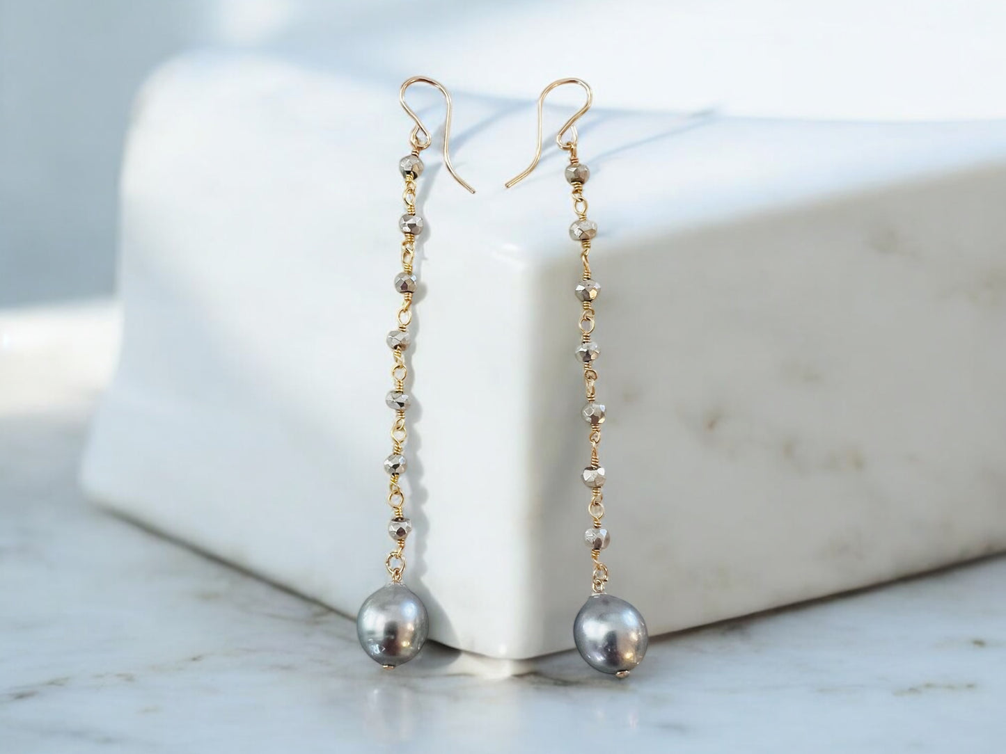 Tahitian & Pyrite Rosary Chain Earrings