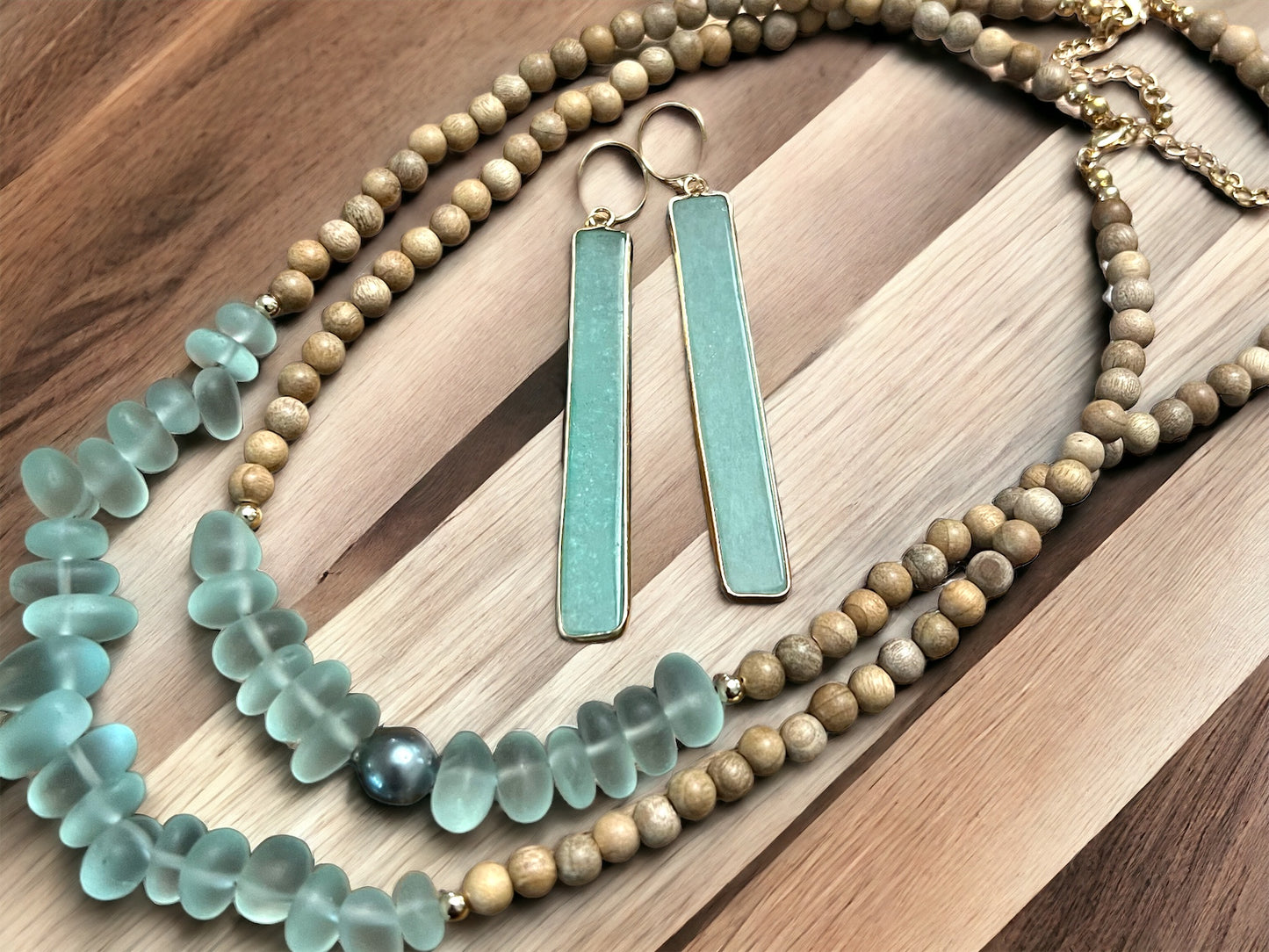Tahitian Pearl Sea Glass & Sandalwood Necklace
