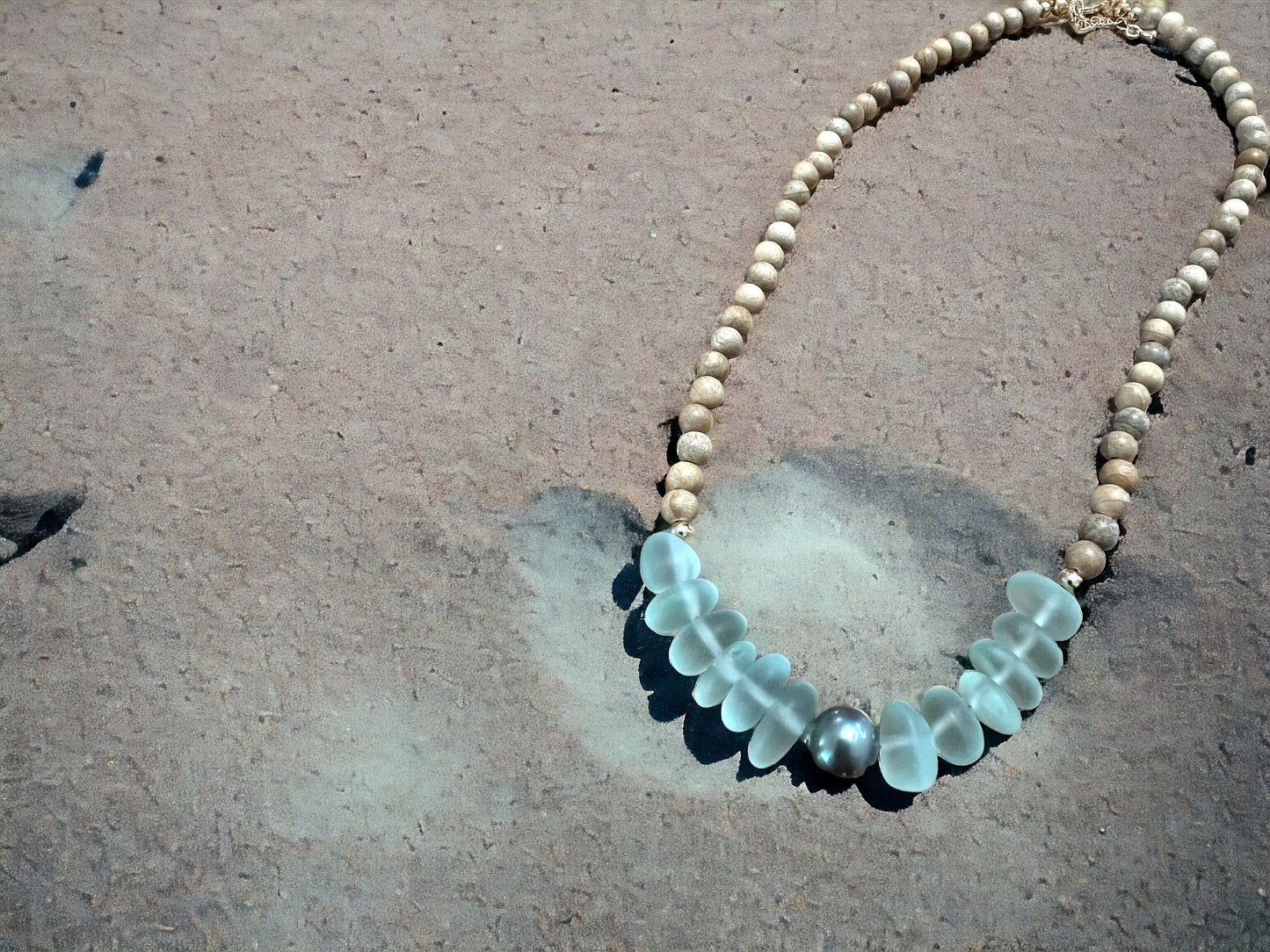 Tahitian Pearl Sea Glass & Sandalwood Necklace