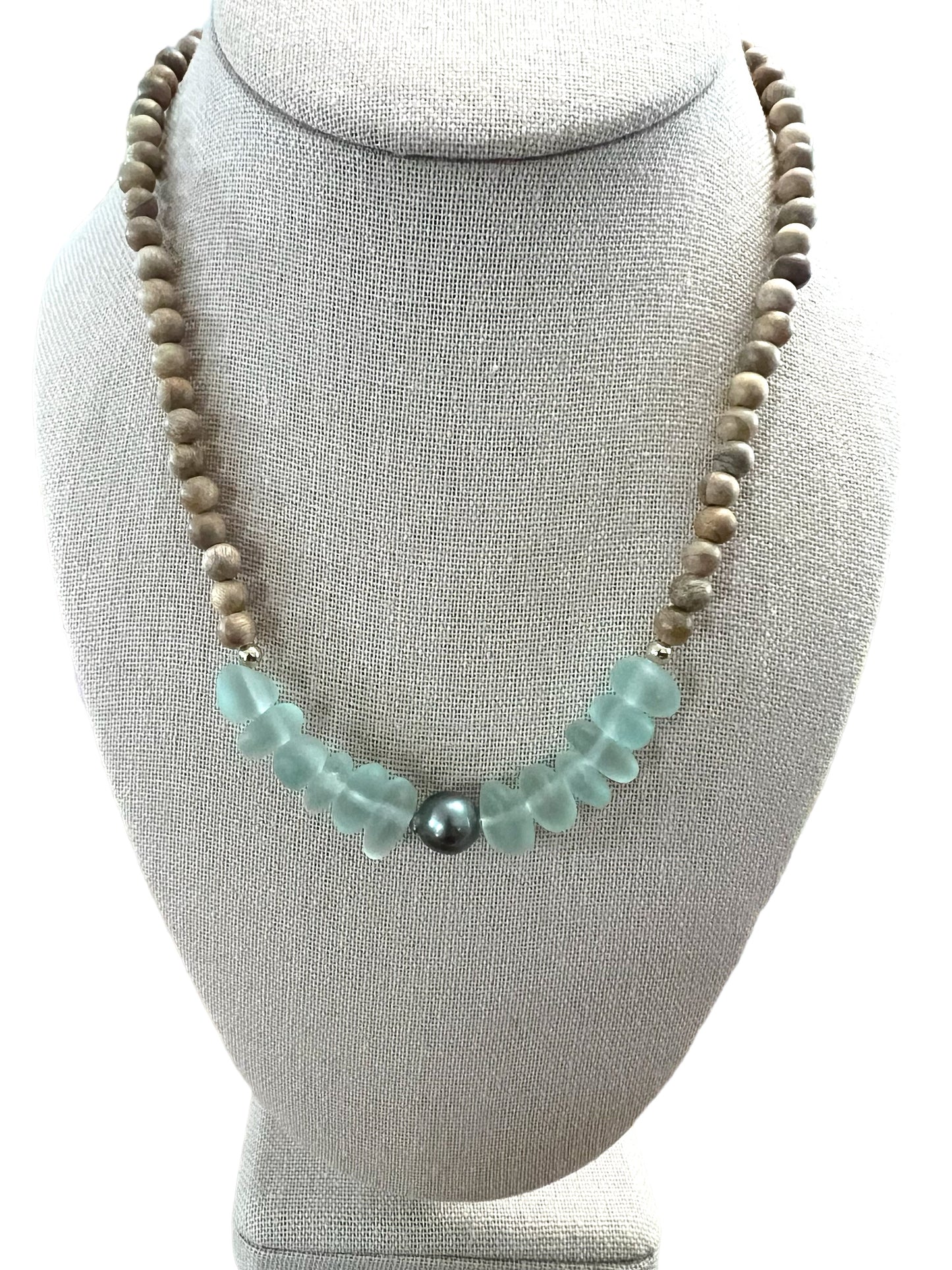 Tahitian Pearl Sea Glass & Sandalwood Necklace