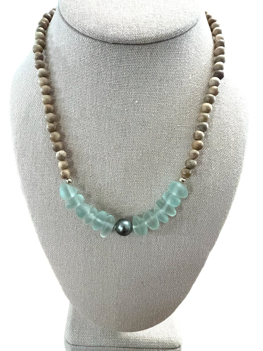 Tahitian Pearl Sea Glass & Sandalwood Necklace