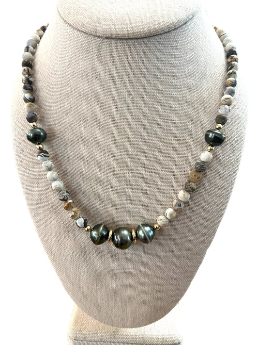 Petrified Wood & Tahitian Pearl Necklace